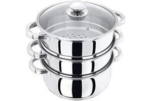 NOBEL 3pcs Stainless Steel Streamer Cooker Pot with Glass Vented Lid, Induction Ready (18 cm -3 Tier Streamer)