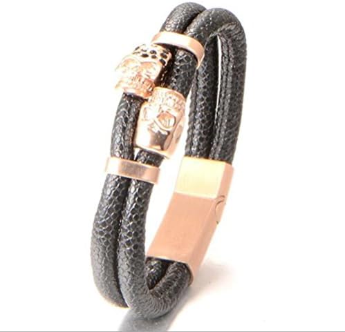 TIZIKJ Men Titanium Steel Skull Head Leather Bracelet , rose gold 21cm