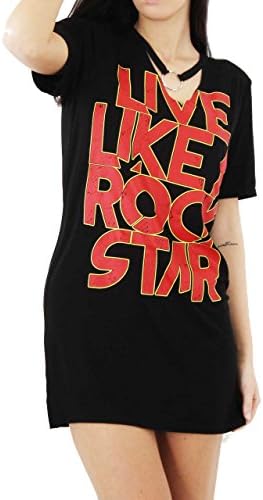 Women's Ladies Choker Neck T shirt Dress Biker Born to be Rock Star Rock N Roll Slogan Printed Tops (ML UK 12/14, Black-Live Like A Rock Star Ring)