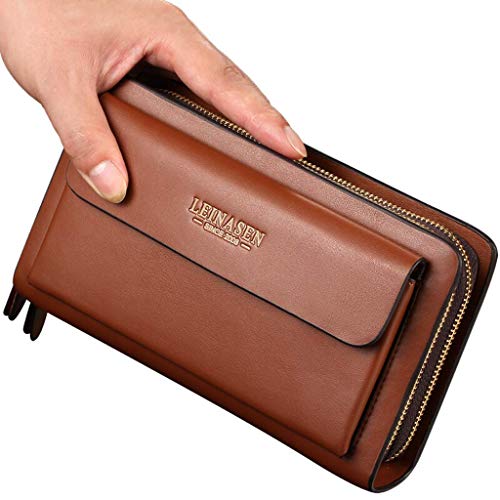 Preisvergleich Produktbild Herren GeldbRse Leder Mit DoppelreiVerschluss Brieftasche Business Handgelenktasche Portemonnaie Clutch Unterarmtasche Mit Handschlaufe Herrentasche Tasche Portmonee Schwarz / Braun / Geschenk Wallet,Brown