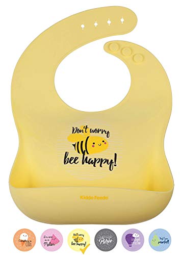KIDDO FEEDO Babero de Silicona Impermeable para Bebé Niños y Niñas - 6 Colores/Diseños Divertidos Disponibles - Plegable y Fácil de Limpiar en Lavavajillas - Amarillo