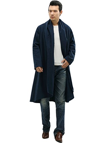 Youlee Herren Baumwolle Leinen Revers Regenmantel Wolljacke-Mantel Marine