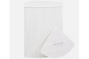 OPTIMAL PRODUCTS Bamboo Laundry Basket With Lids & Liner Foldable Washing Clothes Bin Hamper UK (Corner White)