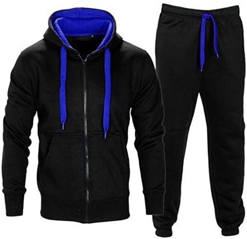 Mens Contrast Hooded Long Sleeve Zip Up Brushed Fleece Tracksuit BLACK BLUE/Large