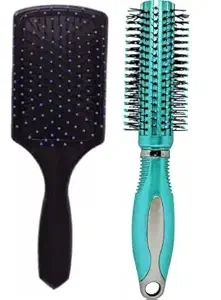 Pleev Round Rolling Curling Roller Comb Hair Brush With Preofessional Paddle Hair Brush Comb For Men And Women