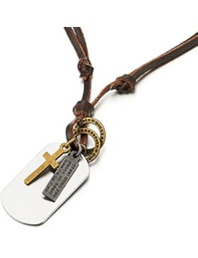 Herren Jungen Dog Tag Kreuz Anhänger Halskette mit Verstellbaren Braun Lederband