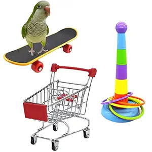 3PCS Parrot Toys Mini Shopping Cart Training Rings Skateboard Stand Perch for Budgie Parakeet Cockatiel Conure Lovebird