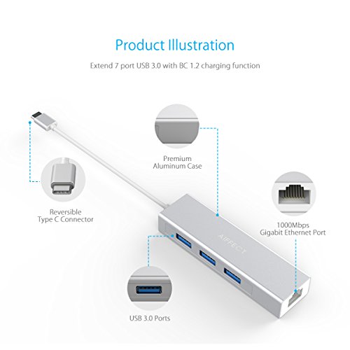 AIFFECT Aluminum USB-C To 3-Port USB 3.0 Hub with Ethernet Adapter For USB Type-C Devices Including The New MacBook 2016, ChromeBook Pixel And More – Silver - 3