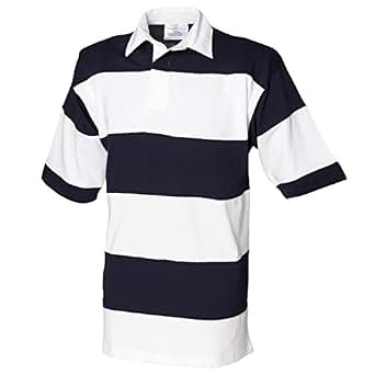 Front Row Sewn Stripe Long Sleeve Rugby Shirt - White & Navy With White Collar, Size 2XL