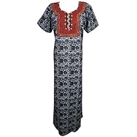 Mogul Interior Women's Nightgown Maxi Dress Grey Printed Cotton Night Wear Caftan L