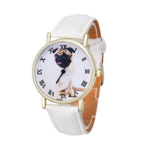 Unisex Armbanduhr roemische Ziffern Mops Hund gold Lederband weiss Unisex Armbanduhr roemische Ziffern Mops Hund gold Lederband weiss