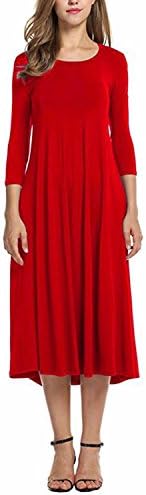 Bohistyle Women's Casual Plain 3/4 Sleeve A-line Pleated Vintage Tunic Midi Dresses