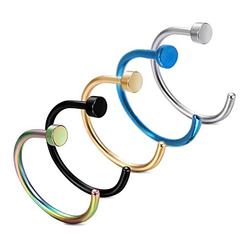 5 Anillos en la nariz pieza UWILD Piercing acero de titanio regalo ® 5x de titanio nariz de acero quirúrgico perforación de anillo en la nariz anillos piercing de la nariz del aro del anillo,, 8-10 mm de titanio anillos de nariz de acero Clicker Piercingring (1 oro plata 1 negro 1 azul 1 Siete Colores 1) en la nariz del labio piercing del cuerpo (5 empacar 1,0 * 8 mm)