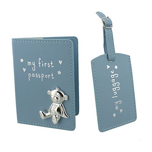 Button Corner Blue My First Passport & My Luggage Tag Gift Set with metal teddy icon - Baby Gift