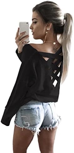 Honeykoko Women Cut Out Loose Pullover Criss Cross Backless Sweater Shirt Top,Black XL
