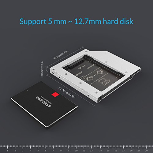ORICO 2,5″ Festplattenrahmen Caddy auf 12,7 mm Notebook CD-/DVD-ROM Adapter, für 5 / 7 / 9,5 / 12,5 mm 2nd HDD oder SSD, Aluminium, mit Schraubendreher - 2