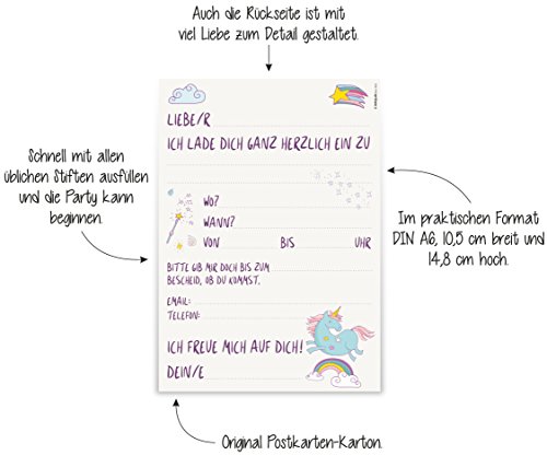 12 Einladungskarten „Einhorn Regenbogen“ zum Kindergeburtstag / Geburtstagseinladungen Einladungen Geburtstag Kinder Mädchen Unicorn Einhörner Glitzer Einladungstext Vorlagen Karten Postkarte Set - 4