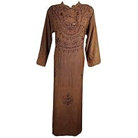 Mogul Interior Aaria Tunic Maxi Dress Stonewashed Rayon Embroidered Ladies Oversized Dresses (44, Dark Brown)