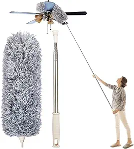 Dusters for Cleaning High Ceiling Fan, KANISH BRAND Microfiber Feather Duster with 30'' to 100'' Telescoping Extension Pole, Long Extendable Duster for Home Car Furniture Cobweb (Steel)