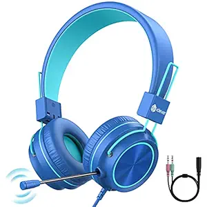 iClever Headphones with Mic, Kid Headphone with Rotatable Extendable Mic 94 dB Volume Safe Headset for Kids, Foldable Wired Headphone for Boys Headset for Online Class, Blue