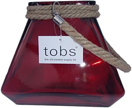 Large Red Glass Hurricane Lamp Candle Holder with Rope Handle 21cm Tall | Window or Table Centrepiece - Patio Lantern