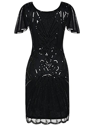 Kayamiya 1920er Jahre Flapper Kleider mit Ärmeln Pailletten Art Deco Cocktail Gatsby Kleid 36-38 Schwarz - 3