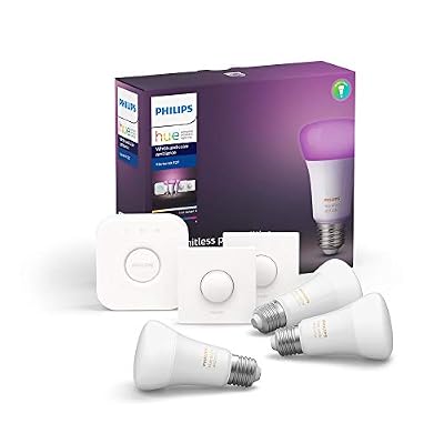 Philips Hue Kit de démarrage Ampoules LED Connectées White Ambiance & Color Ambiance E27 Pack de 3, Pont et télécommande Smart Button Fonctionne avec Alexa