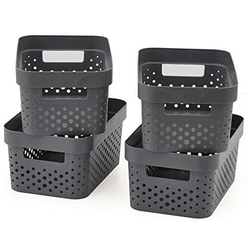 EZOWare Gris Petit Panier de Rangement Empilable en Plastique pour Cuisine, Salle de Bain, Paquet de 4