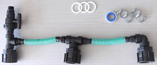AMCK05_11_ 3-fold-tank connection-standing side by side with plastic ball valve, IBC containers, accessories, garden, vats, rainwater tanks, adapters, fitting, cans, cistern, ton
