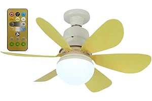 BomKra Silencieux Ventilateur de Plafond avec Lumière et Telecommande,30W Lampe Ventilateur Plafond avec Douille E27,Dimmable LED Ventilateur Plafond pour Chambre,6 Pales,3 Vitesses,Timing (Jaune)