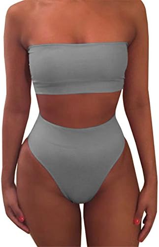 Sheler Women's 2 Piece Solid Bandeau Swimsuit Top Bottom Bikini Sets (Grey, M)