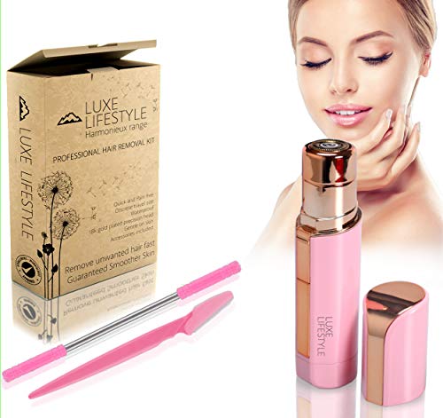 Women's Facial Hair Remover - Dermaplaning Razor Trimmer Epilator Shaver Beauty Kit - Painless Quick Effective - Eyebrow Razor Derma-planing and Threading Tool - Removes Peach Fuzz Chin Upper Lip Hair