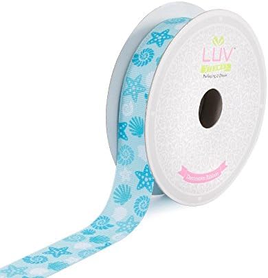 LUV Ribbons 7/8-Inch Grosgrain Starfish And Seashells Ribbon, 10 Yards, Blue