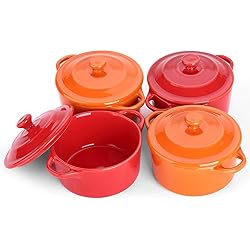 Lifver 200ml Ramequins/ moules/ Soufflé en céramique plat / Mini Casserole , bols à trempette-4 paquets, rouge cerise et orange, rond