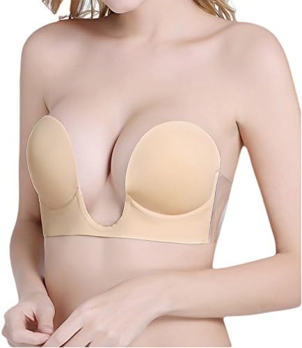 HUBORLOVES Self Adhesive Deep U Plunge Bra Push Up Backless Sticky Adhesive Invisible Bra - Beige -