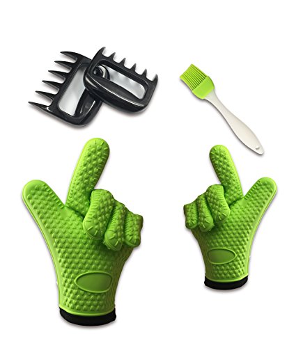Sunstrider Silicone Gloves + Pulled Pork Claws + Basting Brush Set - Heat Resistant Kitchen Potholder Oven Mitt Grill Gloves Meat Shredder Sauce Oil Brush For BBQ, Cooking, Baking, Smoking, Grilling