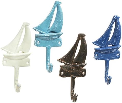 Blue Teal White and Brown Sailboats Wall Hooks Set of 4 Painted Cast Iron
