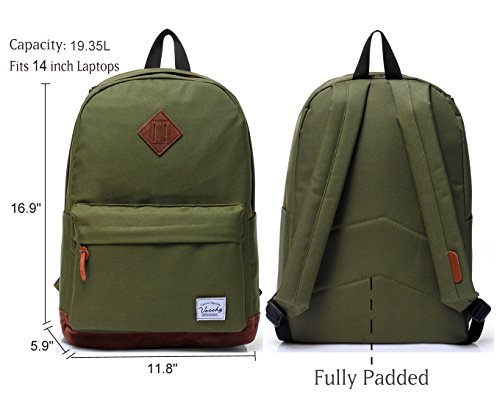 Vaschy Classic Rucksack Leichte Wasserabweisende Schulrucksack Reise Rucksack Passt 14-Zoll Laptop Gr  n