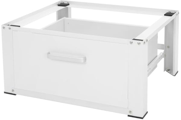 ML-Design Socle pour Machine à Laver avec Tiroir Coulissant, Acier, Blanc, 63x54 cm, jusqu'à 150 kg, Support Base de Lave-Linge, Sous-armoire, Plateforme Haut 31,5 cm, Tiroir Amovible pour Rangement