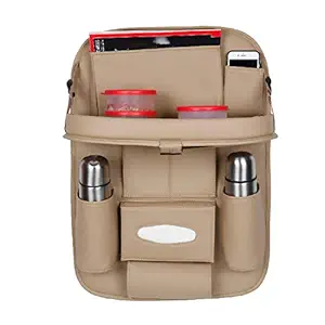Autofurnish 3D Car Auto Seat Back Multi Pocket Storage Bag Organizer with Car Meal Tray-(Beige)-Set of 1