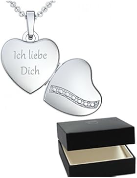 Herz Medaillon zum Öffnen Silber 925 mit ❤ Ich liebe Dich ❤ Gravur Foto Herz-Kette Foto-Kette Amulett Halskette...