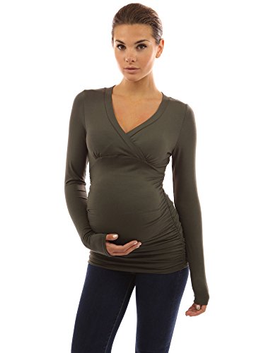 PattyBoutik Mama V Neck Crossover Empire Waist Ruched Maternity Nursing Tunic Knit Top (Green 8/10)