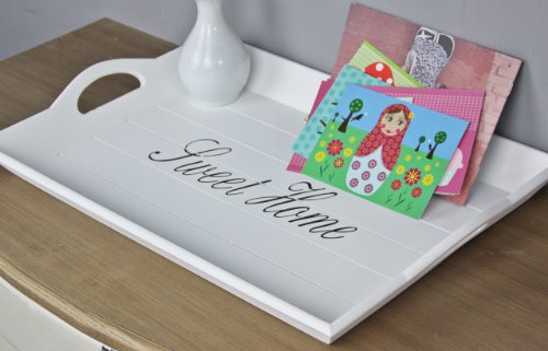 elbmöbel 52 x 35cm Holz-Tablett in weiß rechteckig, Sweet Home Aufdruck, Griffe und erhöhter Rand