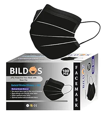 Bildos Non-Woven Fabric 3 Layer Disposable Surgical Face Mask with Nose Clip CE, GMP & ISO Certified Masks (Black, Without Valve, Pack of 100) for Men & Women