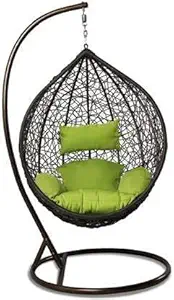 SS Style Single Seater Heavy Iron Hanging Egg Swing Lounge Chair with Tufted Soft Deep Cushion Backyard Relax for Indoor, Outdoor, Balcony, Deck, Patio, Home & Garden (Black & Green)