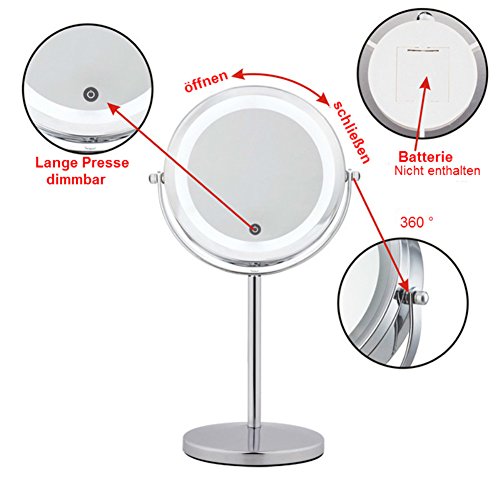 Kosmetikspiegel mit LED Beleuchtung Doppelseitiger Standspiegel Normal und 5x Vergrößerung – – Make-Up Spiegel 17cm Durchmesser, 18 LEDs, Verchromt (5x) - 3