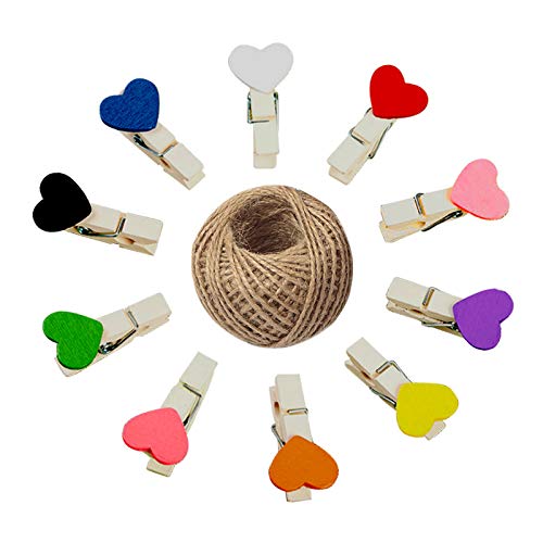 jijAcraft100 x Wooden Clothes Pegs Mini Wooden Photo Clips 3.5 cm with 30 m Jute Twine for Photos, Decoration, Crafts (Colourful)