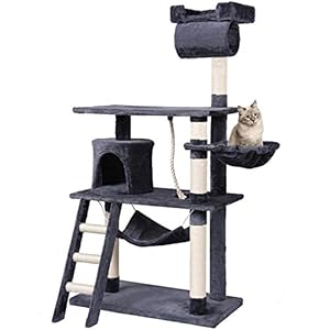 Centro de actividades para gatos con poste rascador y escalador en forma de castillo, 141 cm, en colores beis y gris