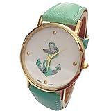 Minetom Vintage Blume Damen Anker Muster Quarz Armbanduhr Lederarmband Uhr Top Basel-Stil Rhinestones geometrischen Watch-Grün