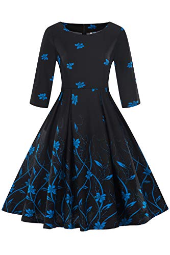 2018 Automne Robe de Soirée Imprimée à Fleurs Manche 3/4 Col Rond Vintage année 20s 90s Robe Femme Fête Habillée Bleu L